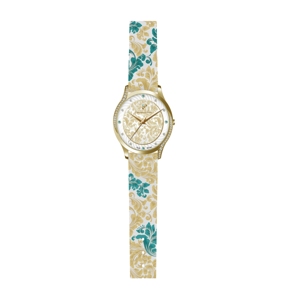 Orologio Camurrìa Flora Strass 30 Mm Pvd Oro Fiori Verdi E Beige