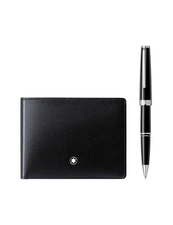 Set Regalo Montblanc Penna Roller Pix Resina Nera e Meisterstuck Portafoglio 6 Scomparti Pelle Nera