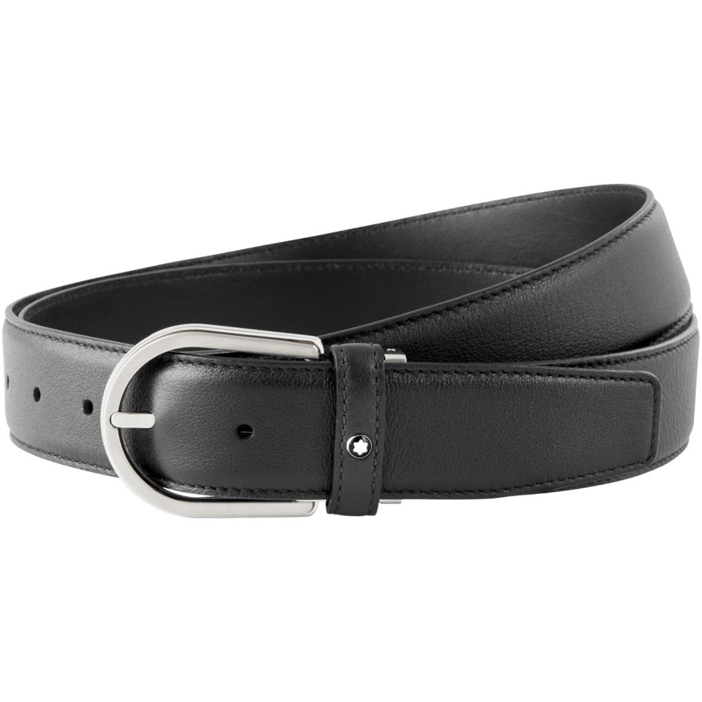 Cinture Montblanc Casual Line Cintura in Pelle Nera Sfumata Fibbia Ovale Ardiglione Finitura Palladio Lucido 35 mm