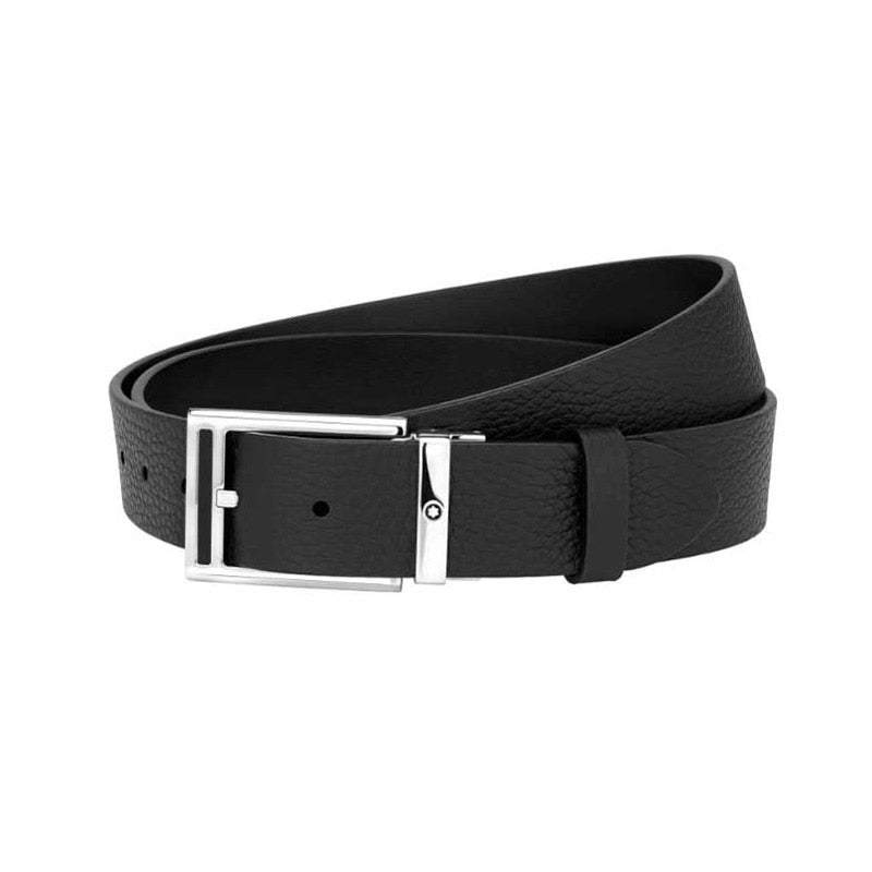 Cinture Montblanc Casual Line Cintura In Pelle Nera Granulata Fibbia Ad Ardiglione Finitura Palladio Lucido Con Inserto Nero 35 Mm.