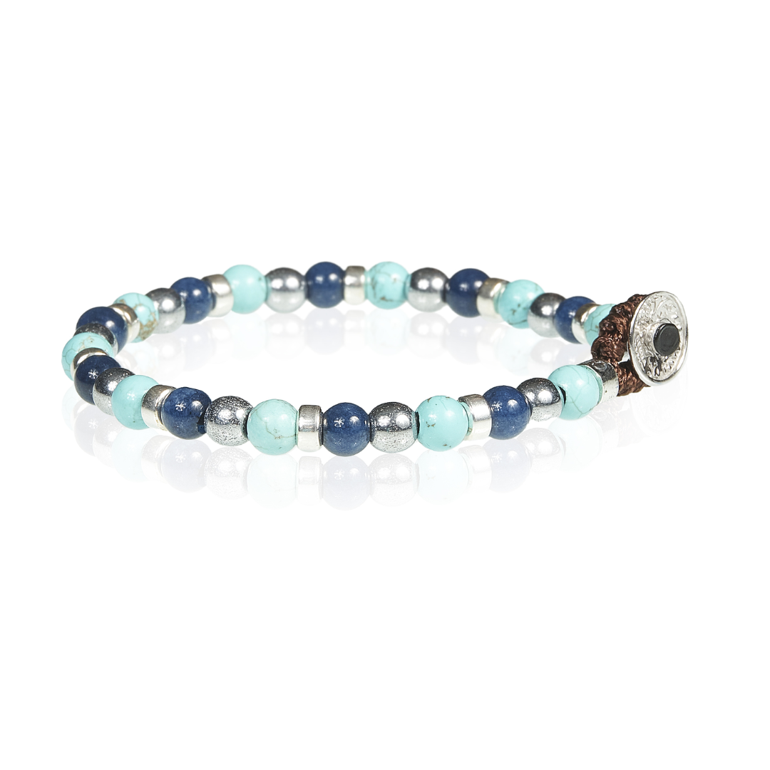 Bracciale Gerba Stone Sfere In Aulite Celeste, Agata Blu, Sfere Ematile Grigia Chiusura Argento