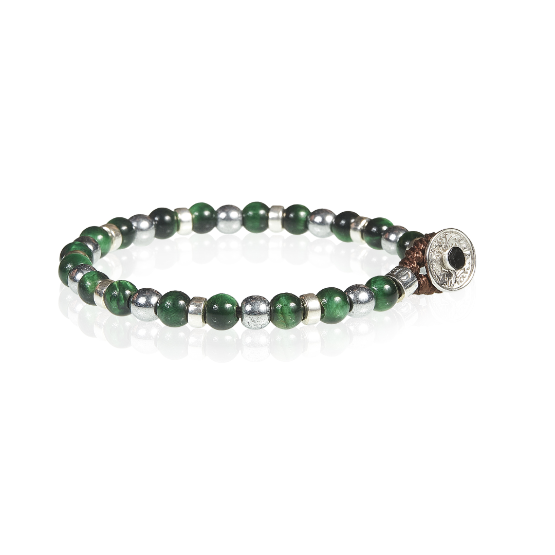 Bracciale Gerba Lab Sfere Occhio Di Tigre Verde Ematite Chiara Distanziatori in Metallo Chiusura Argento