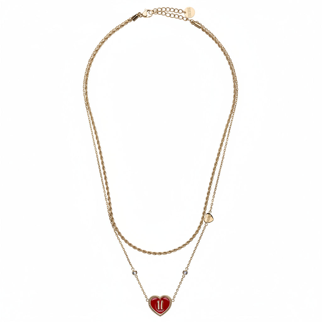 Collana a 2 Fili Alviero Martini 1A Classe Portobello Pvd Oro Con Punti Luce e Cuore Smalto Rosso