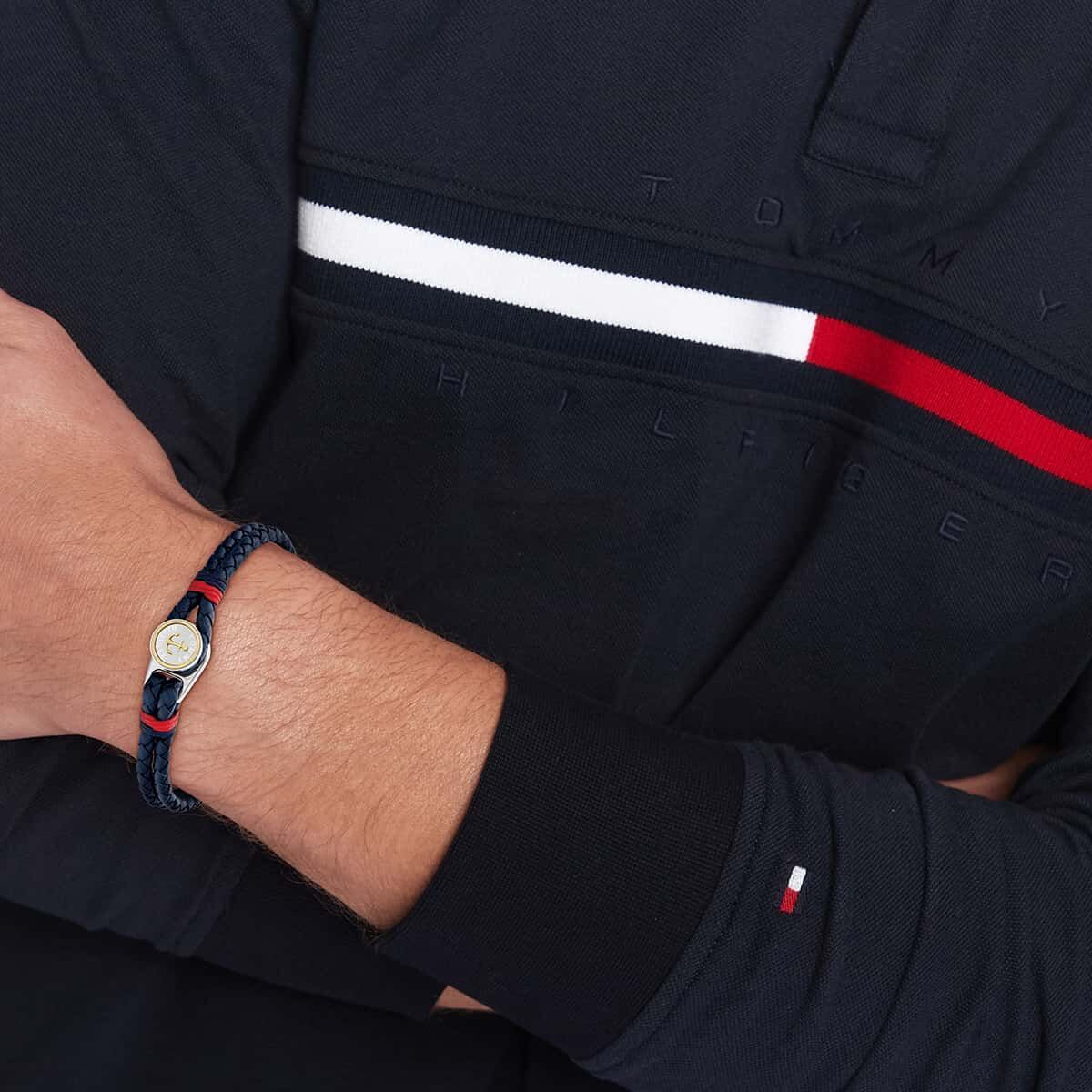 Bracciale Uomo A 2 Fili Tommy Hilfiger Nautical Pelle Intrecciata Blu Chiusura Bottone Acciaio Ancora
