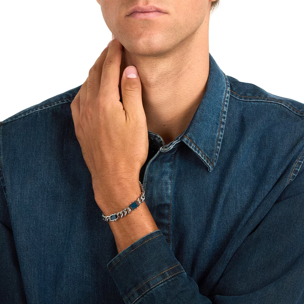 Bracciale Uomo Sector Ceramic Acciaio Catena Grumetta Elementi Rettangolari Ceramica Sfaccettata Blu