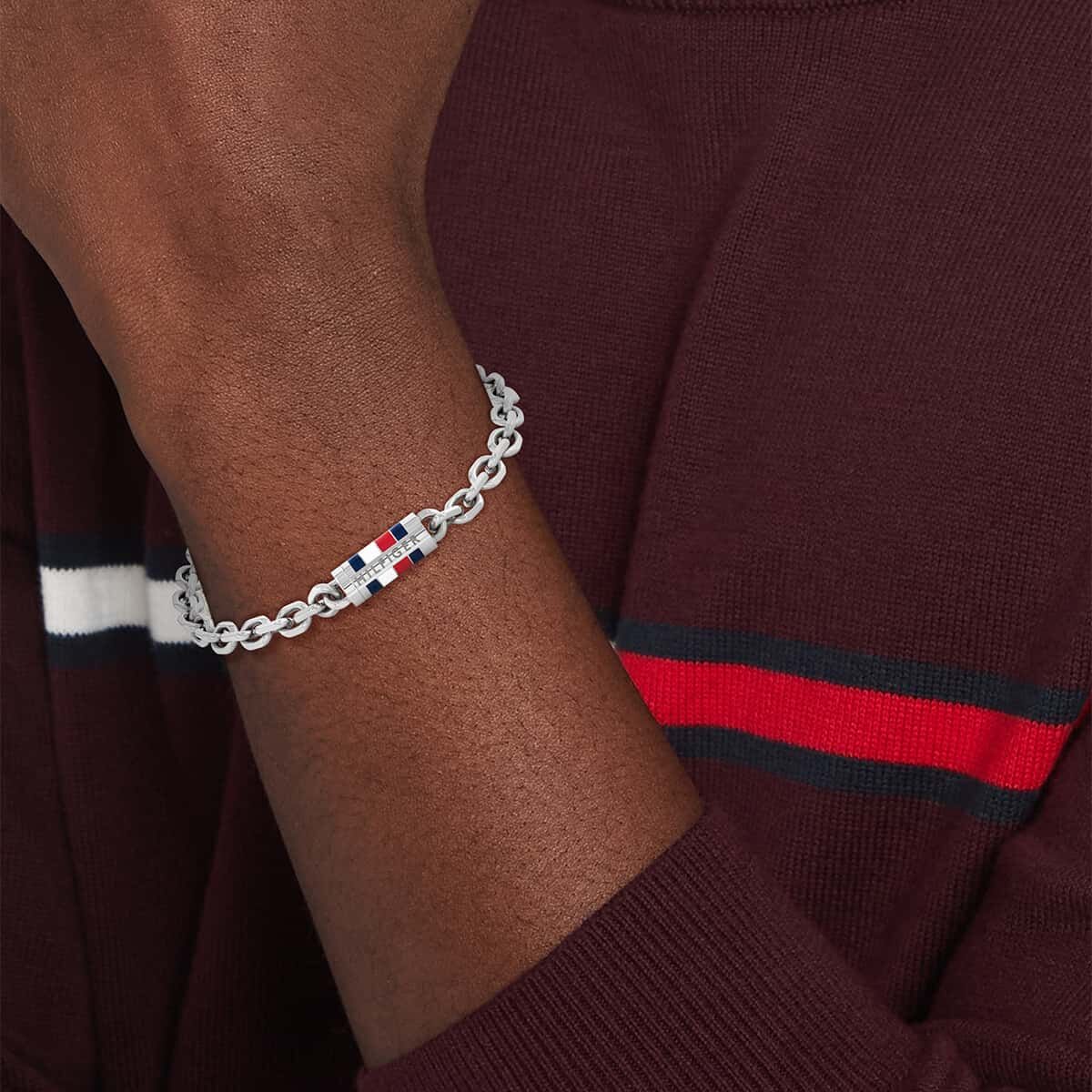 Bracciale Uomo Tommy Hilfiger Bruce Acciaio Catena Maglie Ovali Barilotto Centrale Smalto Bianco/Rosso/Blu