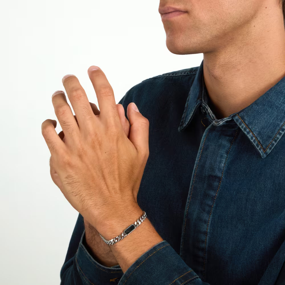 Bracciale Uomo Morellato Terra Acciaio Maglia Grumetta Elemento Esagonale Occhio Di Tigre Scuro