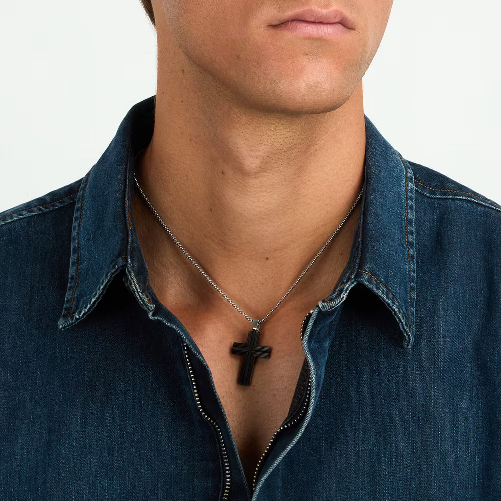 Collana Uomo Sector Spirit Acciaio Pendente Croce Pvd Nero Rigata