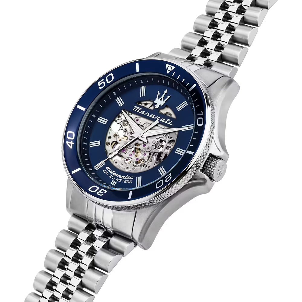 Orologio Maserati Time Sfida Automatico 44 mm Acciaio Braccialato Blu Scheletrato