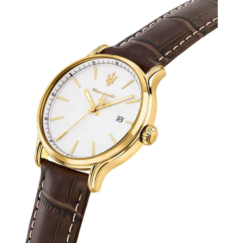 Orologio Maserati Epoca Slim 40 Mm Pvd Oro Pelle Marrone Quadrante Bianco