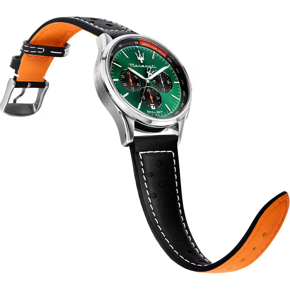 Confezione Speciale Orologio Maserati Sorpasso Chrono 42 Mm Acciaio Braccialato + Cinturino Pelle Nera