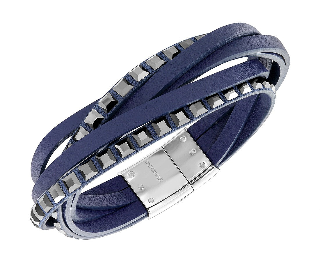 Bracciale Swarovski Celeb Cristalli Neri, Pelle Blu, Chiusura Magnetica