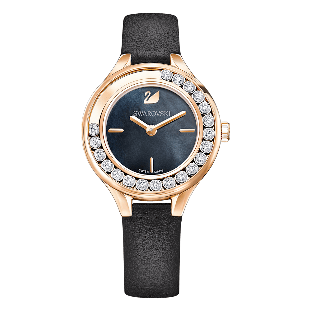 Orologio Swarovski Lovely Crystals Mini Pvd Oro Rosa Nero Cinturino Pelle Cristalli Girevoli