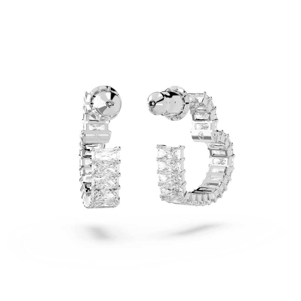 Orecchini a cerchio Swarovski Matrix, Taglio baguette, Cuore, Piccoli, Bianchi, Placcato rodio