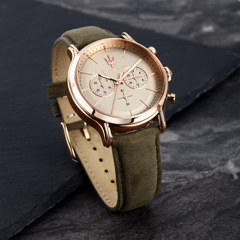 Orologio Maserati Epoca Chrono 42 Mm Pvd Oro Rosa Pelle Verde