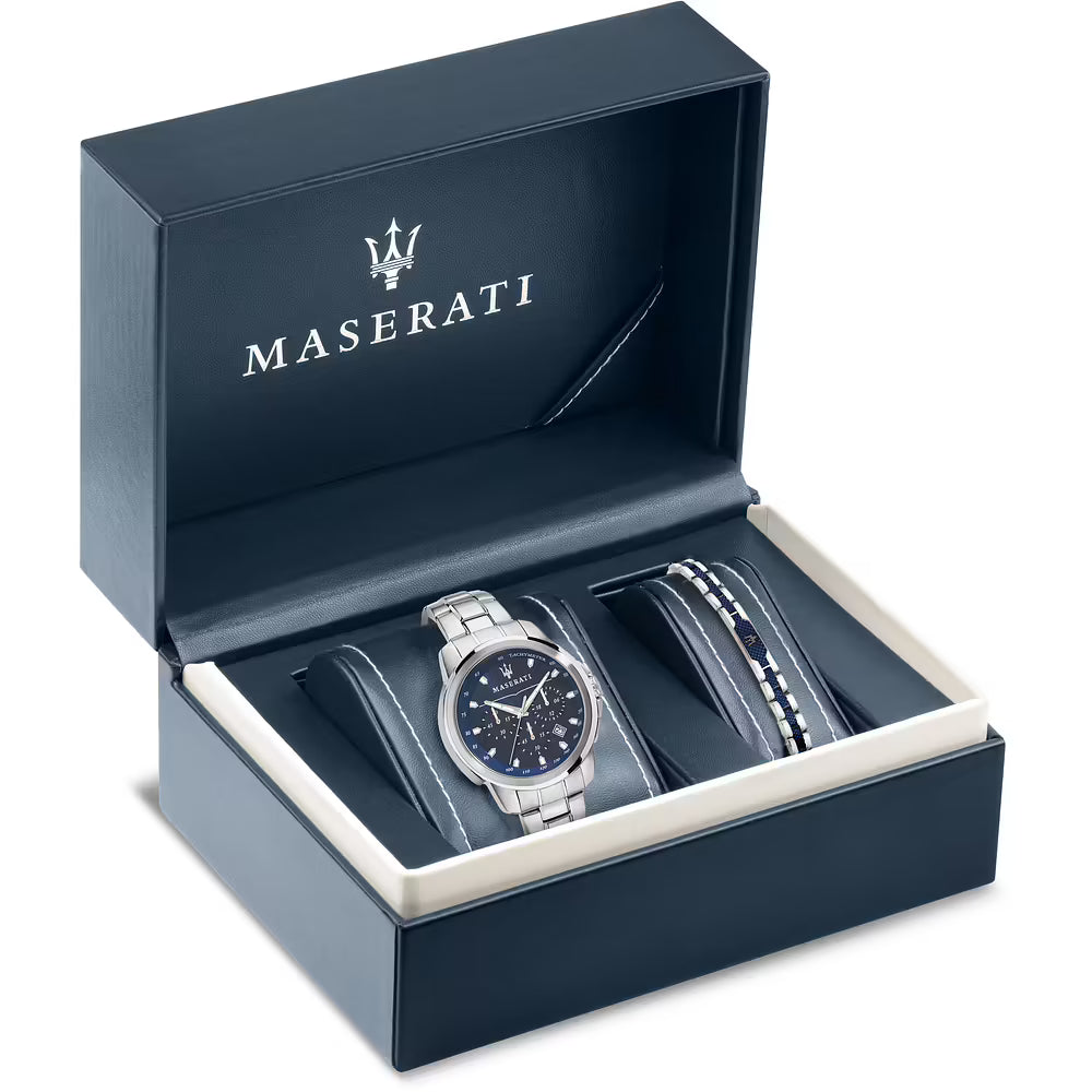 Confezione Speciale Orologio Maserati Successo Chrono 44 Mm Acciaio Braccialato Quadrante Blu + Bracciale Acciaio
