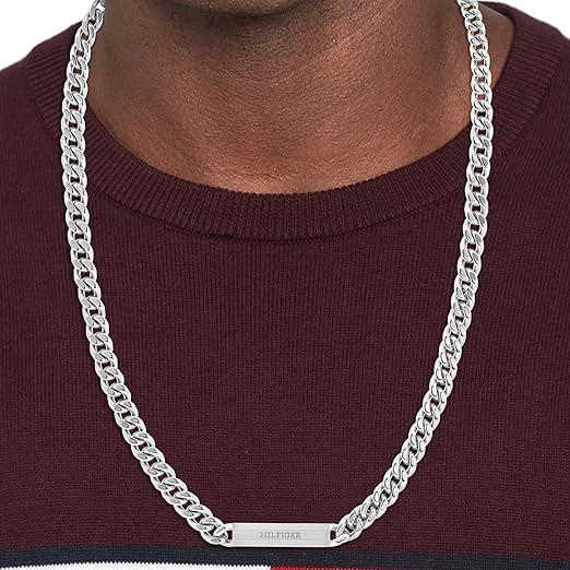 Collana Uomo Tommy Hilfiger Clash Acciaio Catena Maglia Grumetta Piastrina Centrale Con Logo Satinato