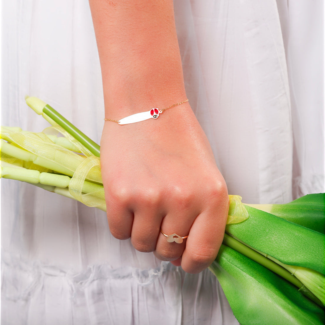 Bracciale Dana Baby Oro Giallo 9 Kt Targa Coccinella Smalto Rosso