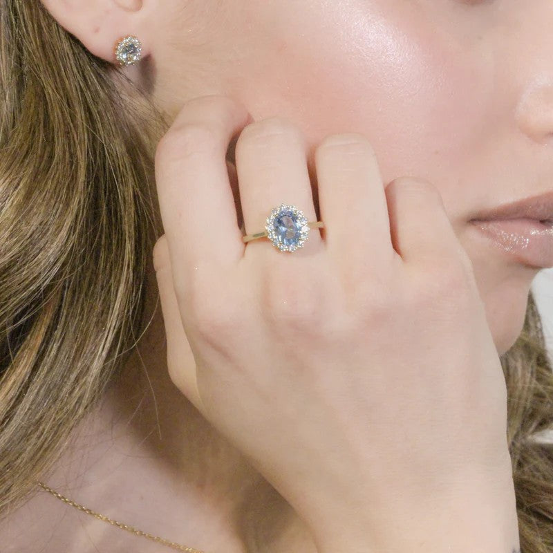 Anello Regolabile Amen Lady Royal Argento Dorato Modello Kate Zircone Ovale Acquamarina Contornato - Misura 10-14