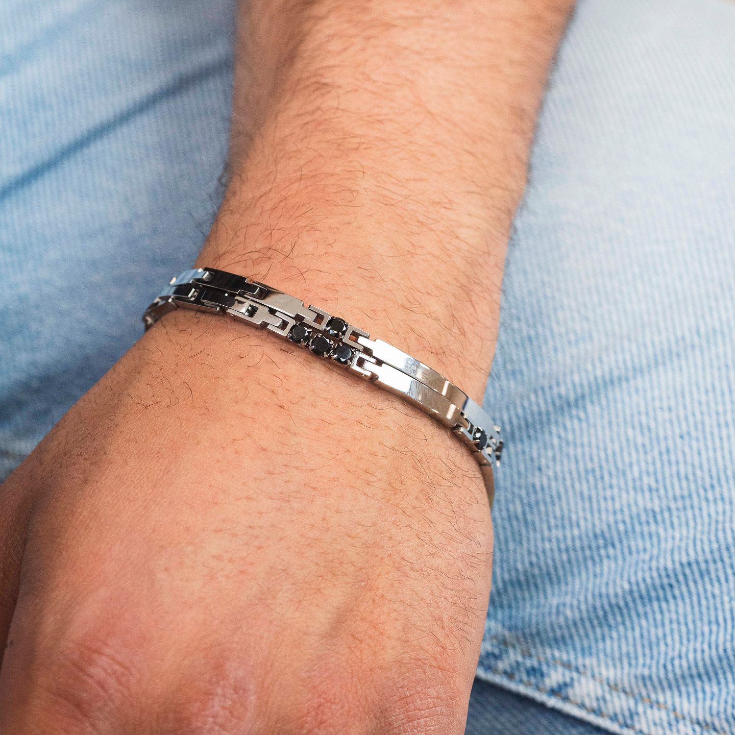 Bracciale Boccadamo Man Acciaio Piastrine Semirigide e Cristalli Neri