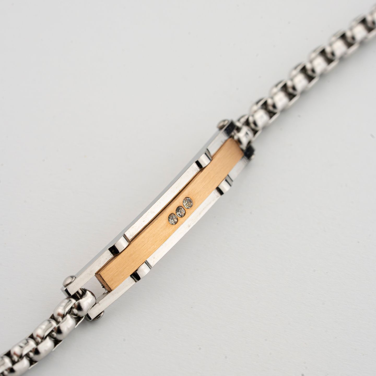 Bracciale Boccadamo Man Acciaio Maglia Rolò Piastrina Centrale Pvd Oro Rosa e Cristalli