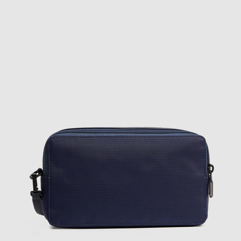 Pochette Piquadro Uomo Doppio Scomparto Tasca Frontale Polsiera Removibile Tessuto Inserto Pelle Blu