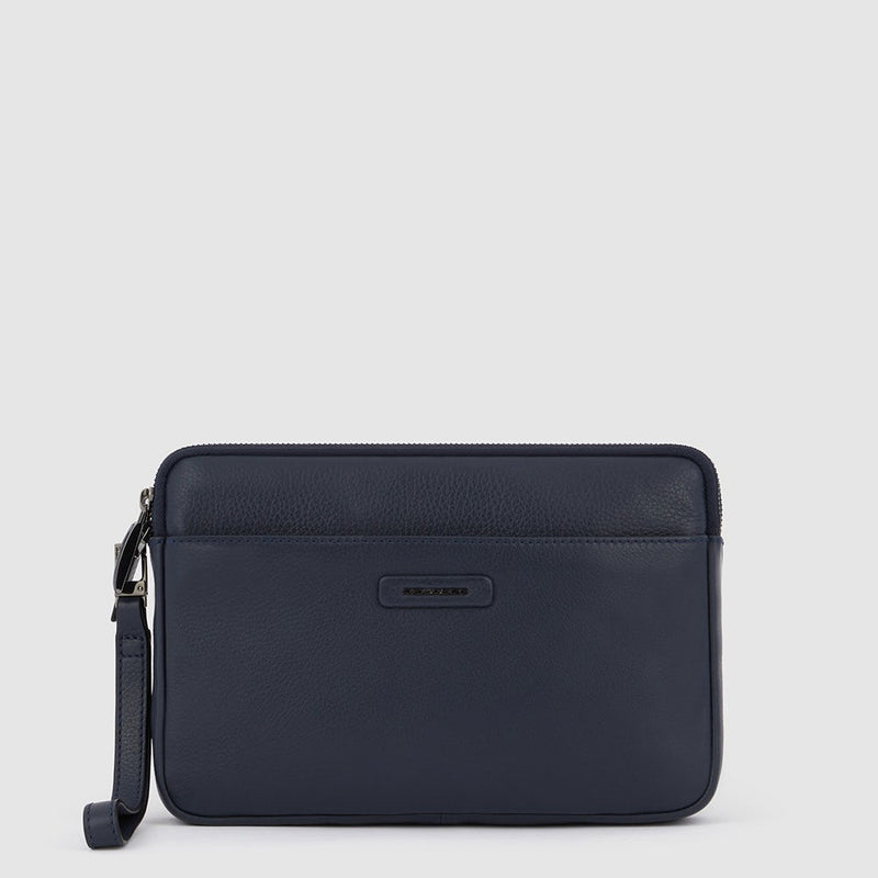 Pochette Piquadro Uomo Da Polso Tre Scomparti Porta Ipad Mini Polsiera Removibile Pelle Martellata Blu