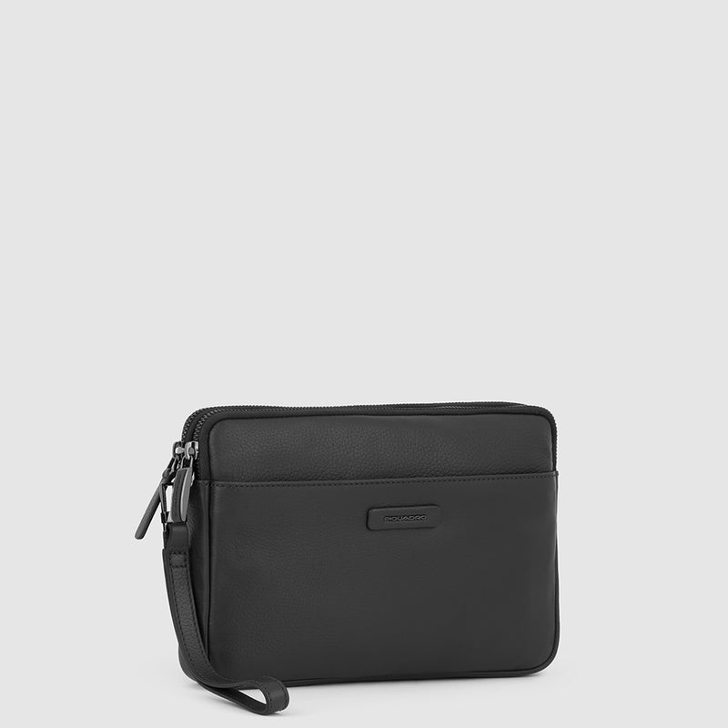 Pochette Piquadro Uomo Da Polso Tre Scomparti Porta Ipad Mini Polsiera Removibile Pelle Martellata Nera