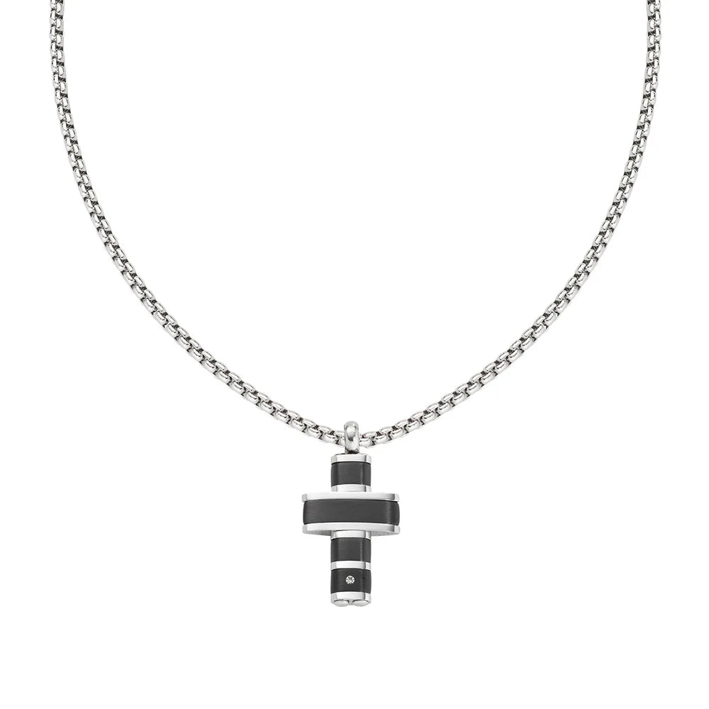 Collana Uomo Amen Acciaio Pendente Croce Acciaio/Pvd Nero e Zircone