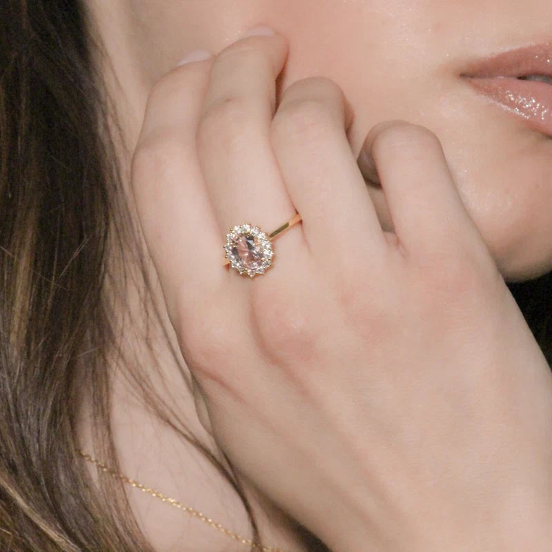 Anello Regolabile Amen Lady Royal Argento Dorato Modello Kate Zircone Ovale Rosa Contornato - Misura 16-20