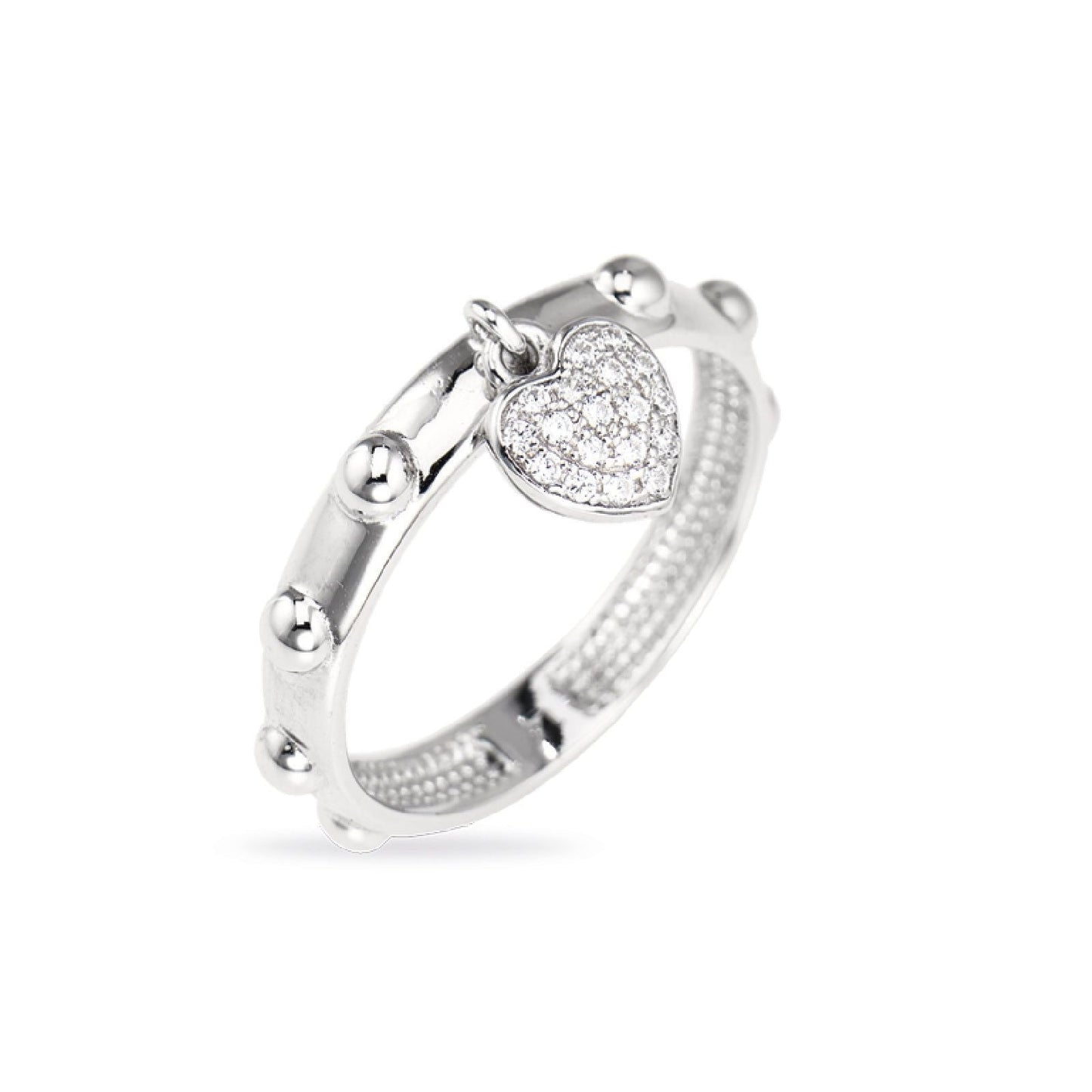 Anello Amen Argento Rosario Charm Cuore Con Zirconi - Misura 14