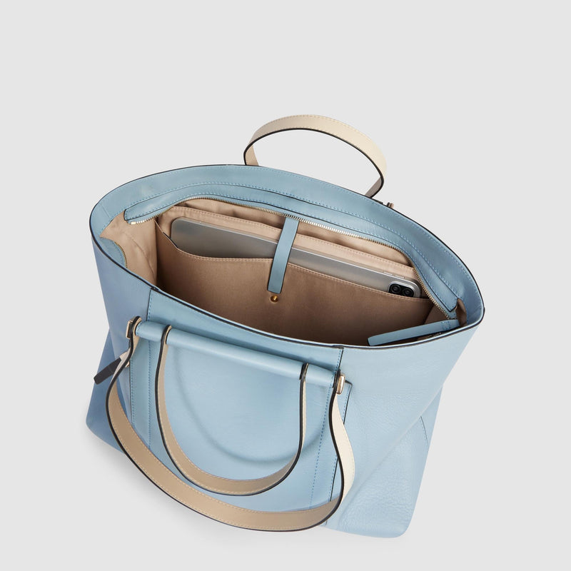 Borse Lavoro Piquadro Borsa Donna Porta Pc Ipad Quattro Manici Tasca Frontale Pelle Azzurra Beige