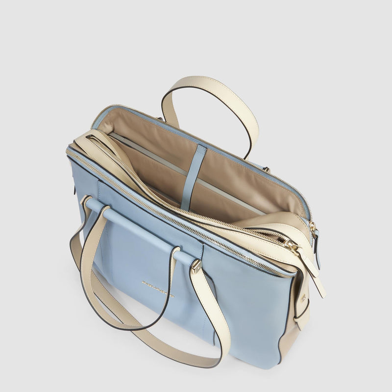Borse Lavoro Piquadro Borsa Donna Porta Pc Ipad Quattro Manici Tre Scomparti Pelle Azzurra Beige
