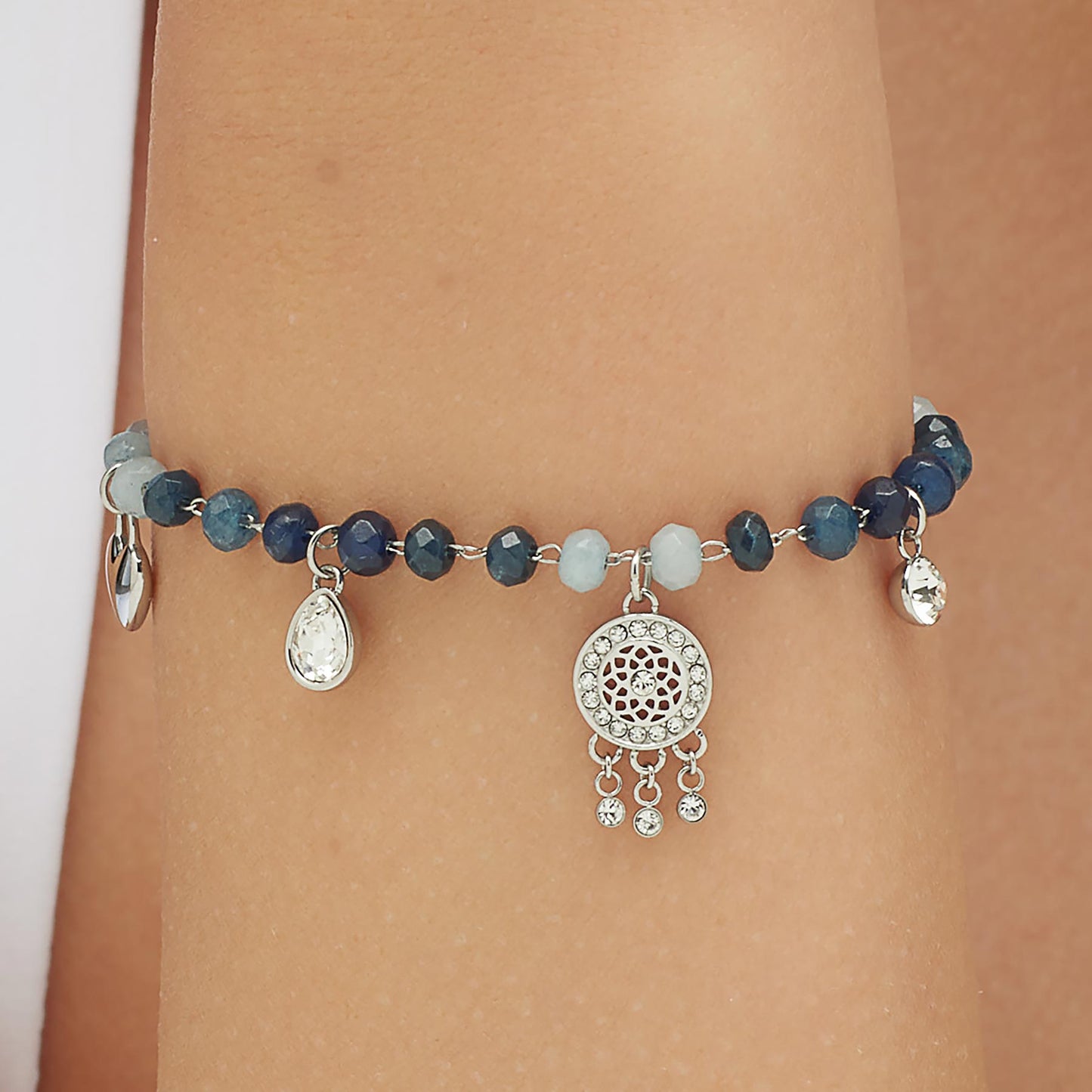 Bracciale Brosway Chakra Mistici Acchiappasogni In Acciaio Con Sferette Pietre Dure Blu Azzurre Charms Cuore Mezzaluna Cristalli Acchiappasogni Cristalli