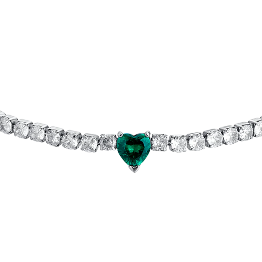 Bracciale Tennis Luca Barra Acciaio Cristalli Cuore Centrale Verde