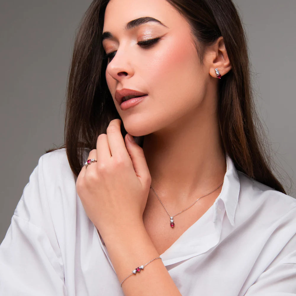 Bracciale Luca Barra Acciaio Centrali 2 Cristalli e Cuore Rosso