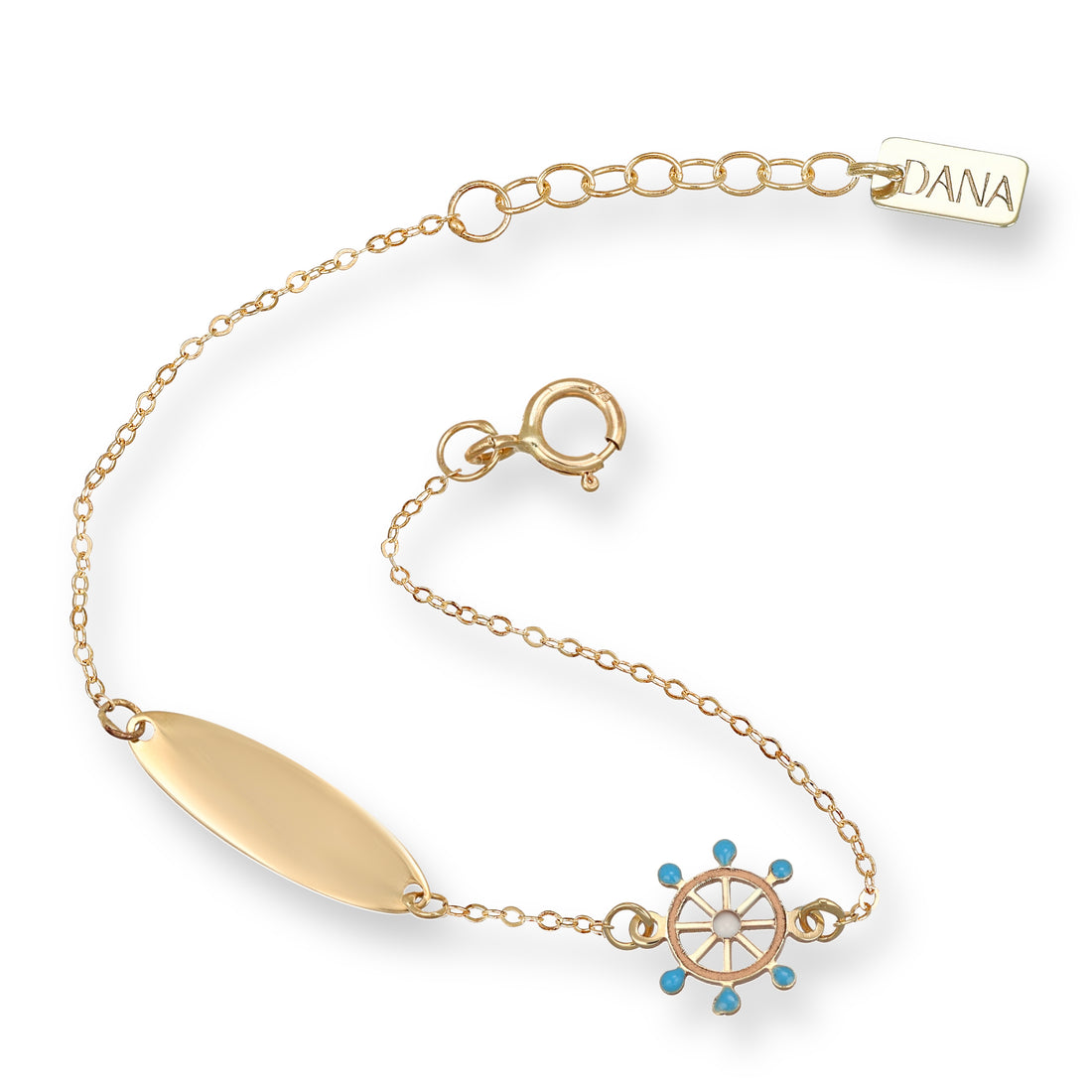 Bracciale Dana Petit Baby Oro Giallo 9 Kt Targa Timone Smalto Azzurro