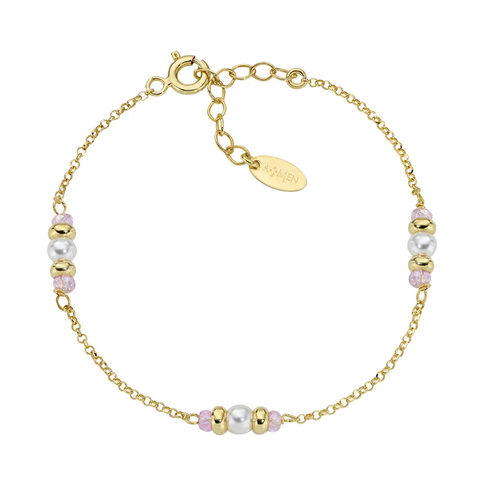 Bracciale Amen Rainbow Argento Dorato Cristalli Rosa Intervallati Da Perle e Sfere