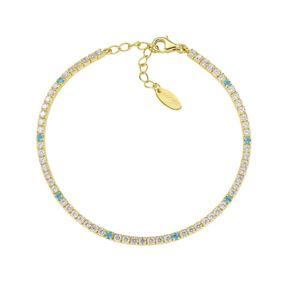Bracciale Amen Tennis Mania Argento Dorato Zirconi Bianchi/Acquamarina