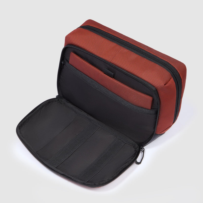Beauty Case da Viaggio Piquadro Doppio Scomparto Tessuto Inserti in Pelle Arancione