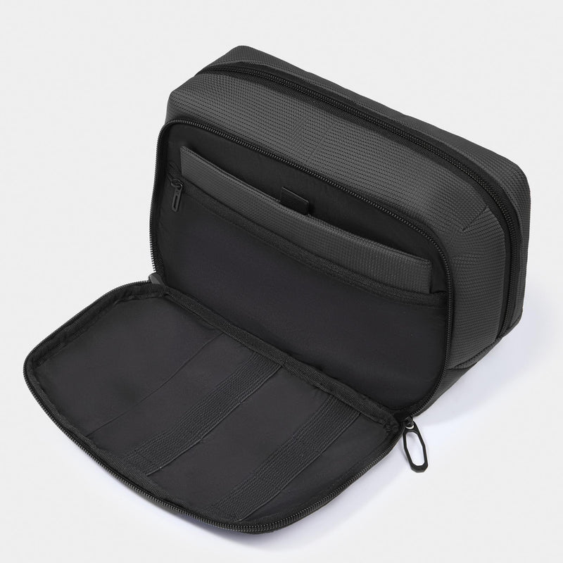 Beauty Case Piquadro Doppio Scomparto Tessuto Inserti Pelle Nera