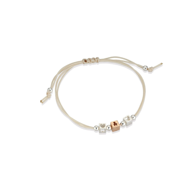 Bracciale Lebebé I Dadini Cordino Beige 2 Cubi Cuore Argento 1 Cubo Bimbo Oro Rosa