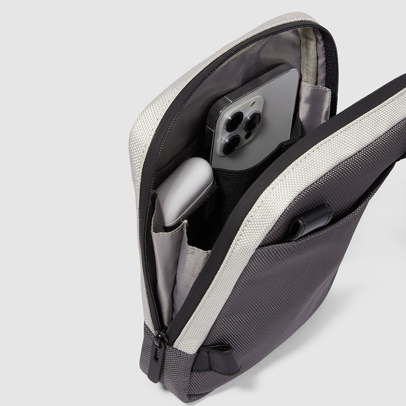 Borselli Piquadro Borsello Porta Ipad Tasca Frontale Tessuto Grigio Inserti Pelle Nera