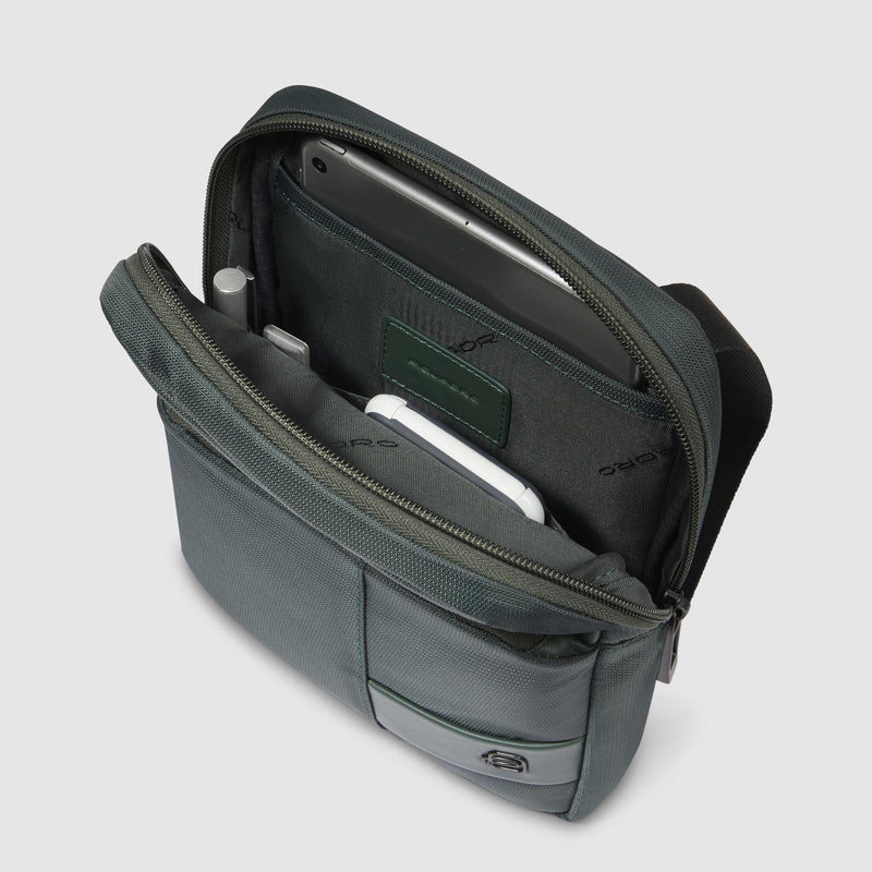 Borselli Piquadro Borsello Uomo Porta Ipad Tasca Frontale Tessuto Inserti Pelle Verde Scuro