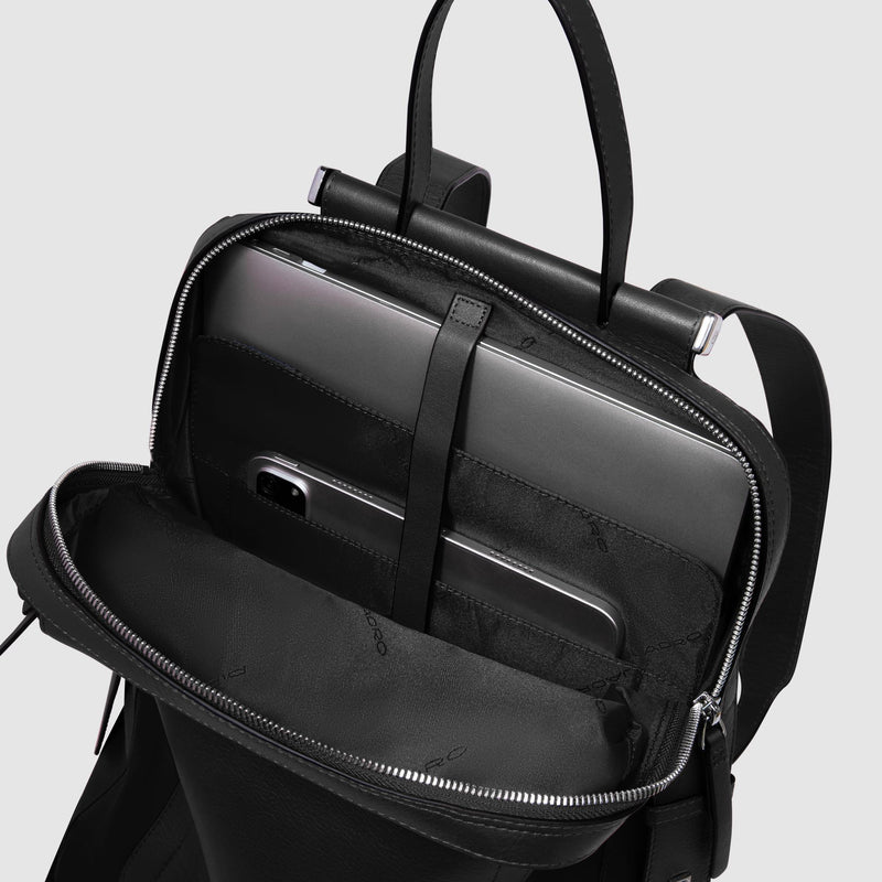 Zaini Piquadro Zaino Donna Porta Pc Ipad Tasca Frontale Tessuto Inserti Pelle Nera