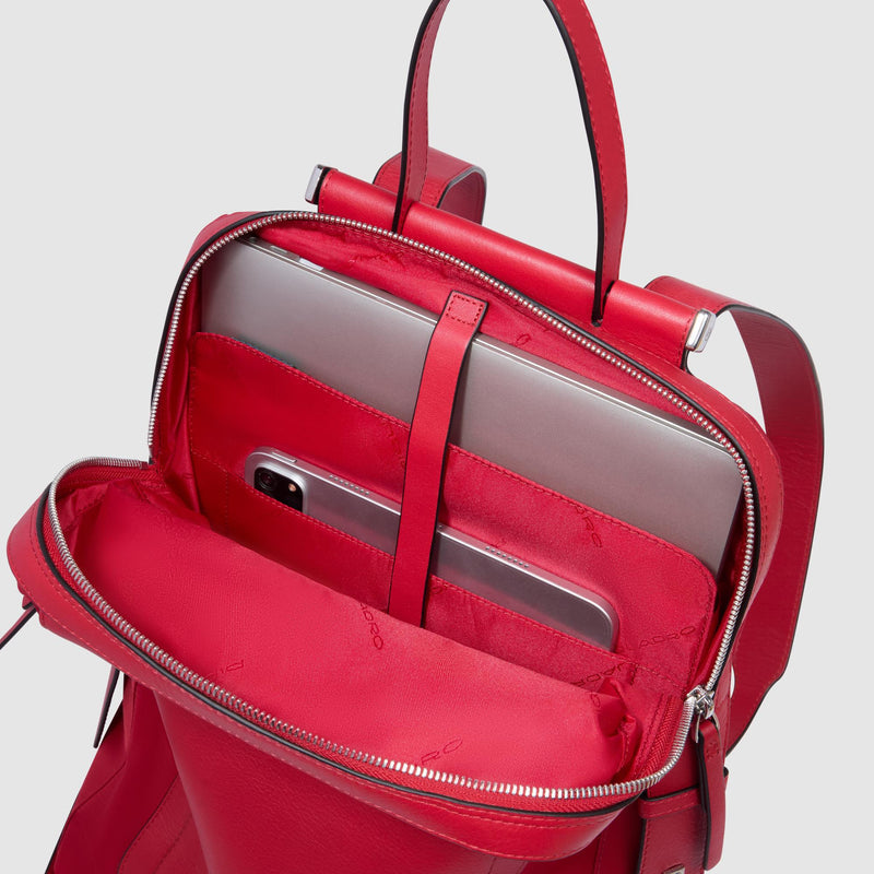 Zaini Piquadro Zaino Donna Porta Pc Ipad Tasca Frontale Tessuto Inserti Pelle Rossa