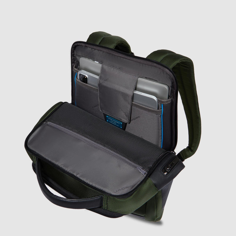 Zaini Piquadro Zaino Porta Pc Ipad Due Scomparti Tasca Frontale Laterali Tessuto Verde Inserti Pelle Nera