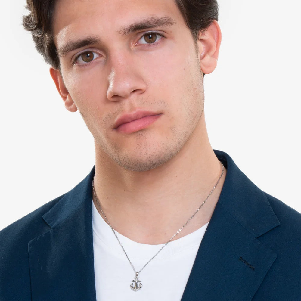 Collana Uomo Luca Barra Acciaio Maglia Catena Pendente Ancora