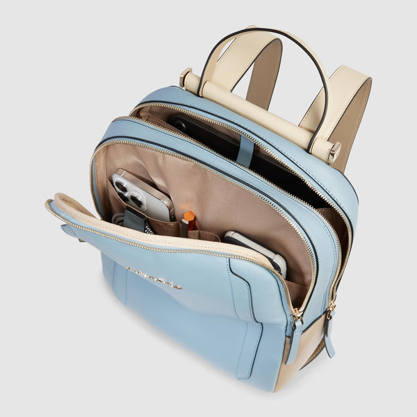 Zaini Piquadro Zaino Donna Porta Pc Ipad Doppio Scomparto Tasca Frontale Pelle Azzurra Beige