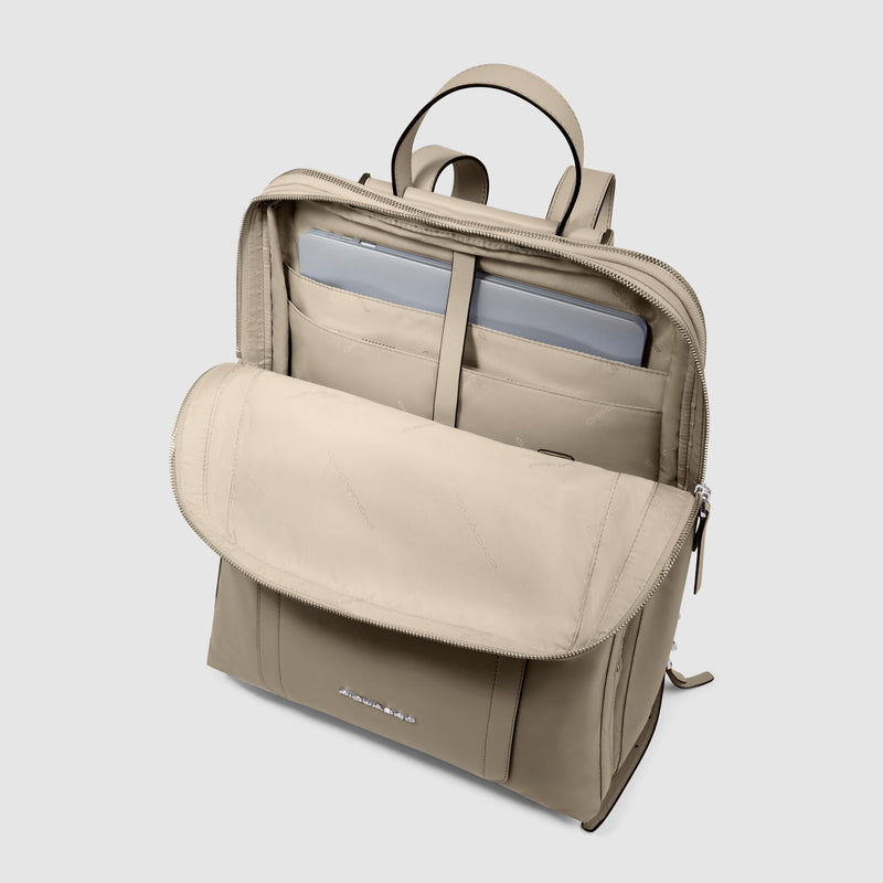 Zaini Piquadro Zaino Donna Porta Pc Ipad Doppio Scomparto Tasca Frontale Tessuto Inserti Pelle Beige